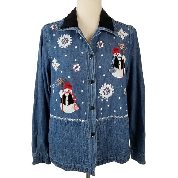 Quizz Again Company Blue Denim Snowman Shirt Shacket Embroidered Vintage  Medium - Picture 1 of 4